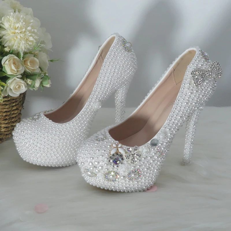 2021 New Pearl Bride Wedding shoes Luxurious Ladies Party Dress Shoes 11cm Women's High Heels Round Toe Bow Crystal Thin Heel