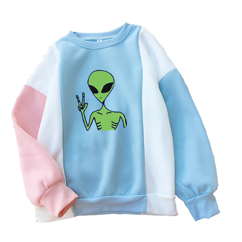 

Women's Hoodie Harajuku Kawaii Funny Alien Cartoon Print Blouse Fleece Loose Mutlicolor Patchwork Female y2k Sweatshirt Clothing