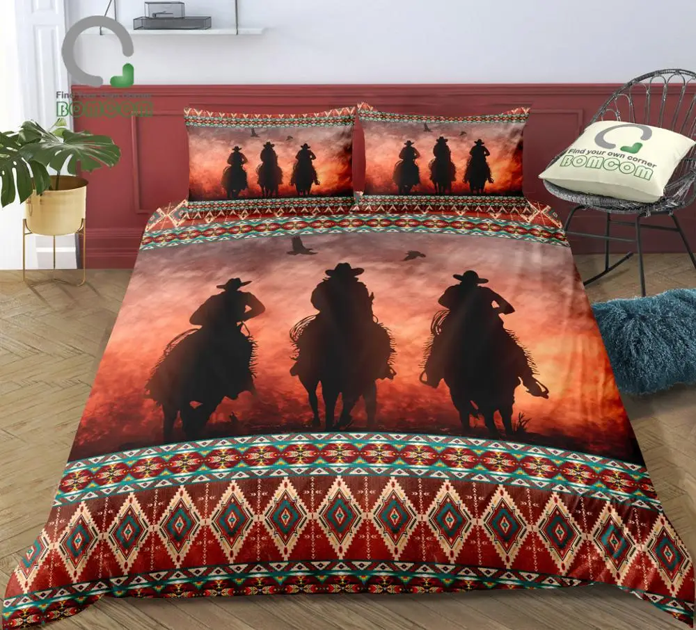 BOMCOM Digital Printing Bedding Set Three Westen Cowboy Rider Sunset Indian Pattern Duvet Cover 100% Microfiber