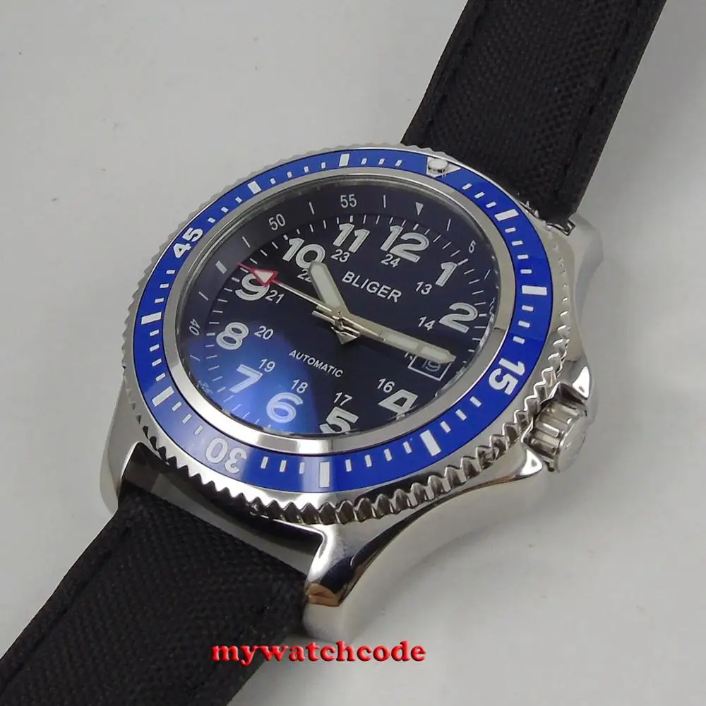 BLIGER-Correa de cuero con esfera azul para hombre, reloj Masculino con bisel giratorio, fecha, ventana, Mingzhu/MIYOTA, movimiento automático, 44mm