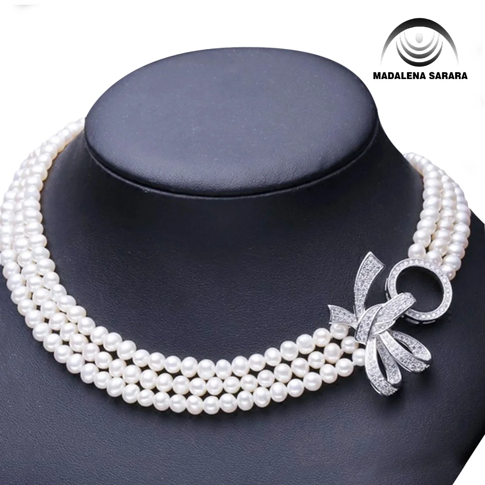 

MADALENA SARARA 7-8mm Freshwater Pearl Multi Rows Women Necklace Flawless Natural White With Cubic Zirconia Flower Clasp