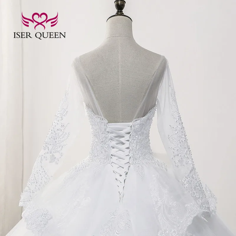 Aangepaste Backless Lange Mouw Trouwjurk Bruid Robe De Mariee Sheer Hals Kant Applicaties Baljurk Trouwjurken WX0175