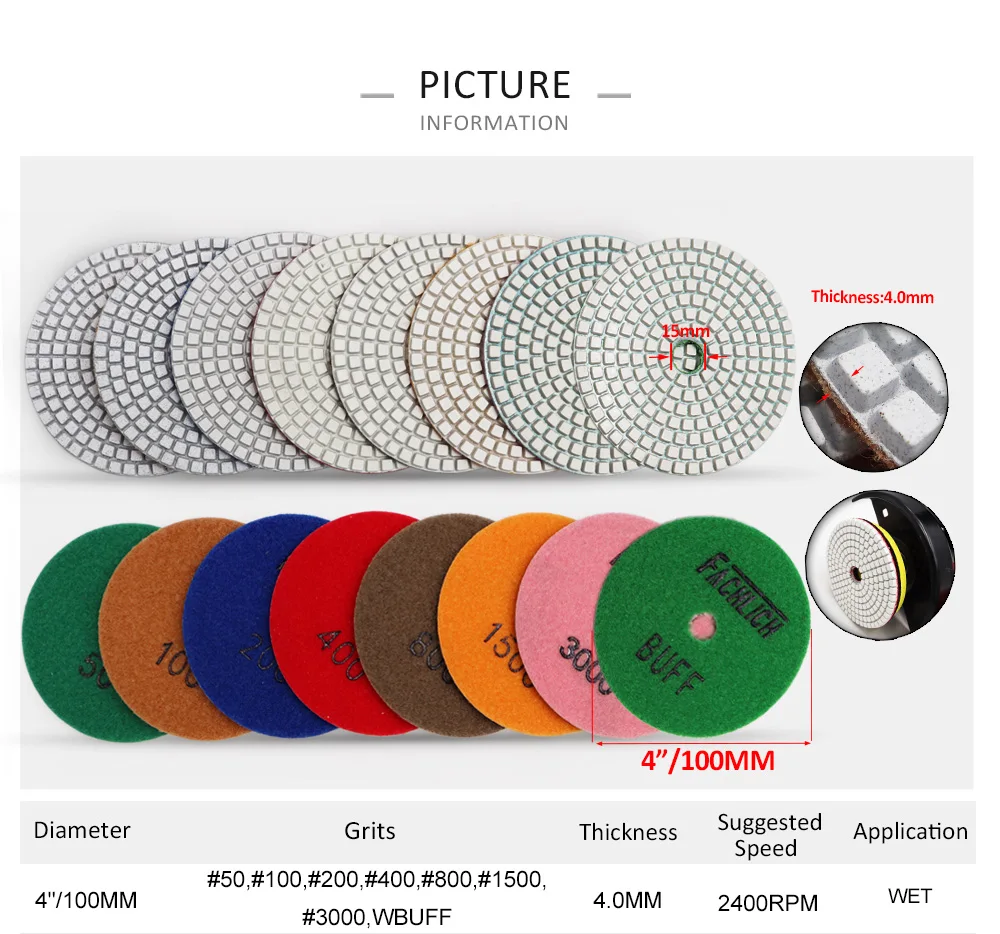 FACHLICH 8units/set Grit 200 Wet Diamond Resin Bond Sanding Disc Flexible Polishing Pads For Stone Marble Dia 100mm/4"
