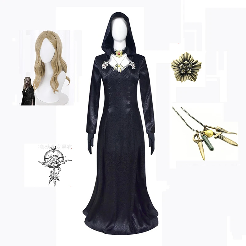 

Anime Bela Cassandra Daniela Cosplay Costume Game Biohazard Lady Dimitrescu Madam Dress Vampire Necklace Tattoo Brooch Halloween