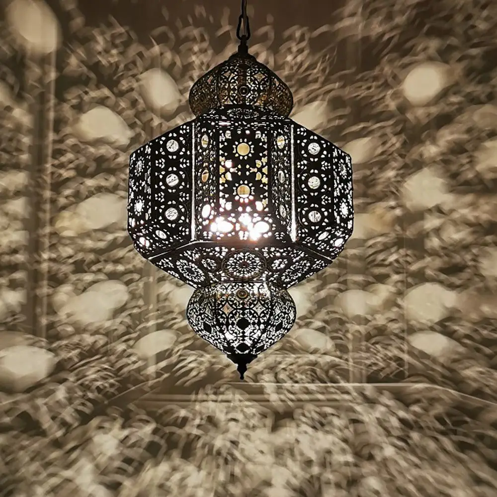 Moroccan Pendant Light Retro Turkish Hollow-out Metal Chandelier Vintage Bohemian Hanging Lamp for Living Dining Room Cafe
