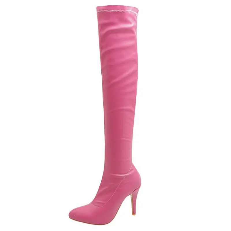 Sgesvier Soft Stretch PU Pink Yellow Blue Pointed Toe Spike High Heels Sexy Booties Over knees Thigh High Boots Big Size 47 48