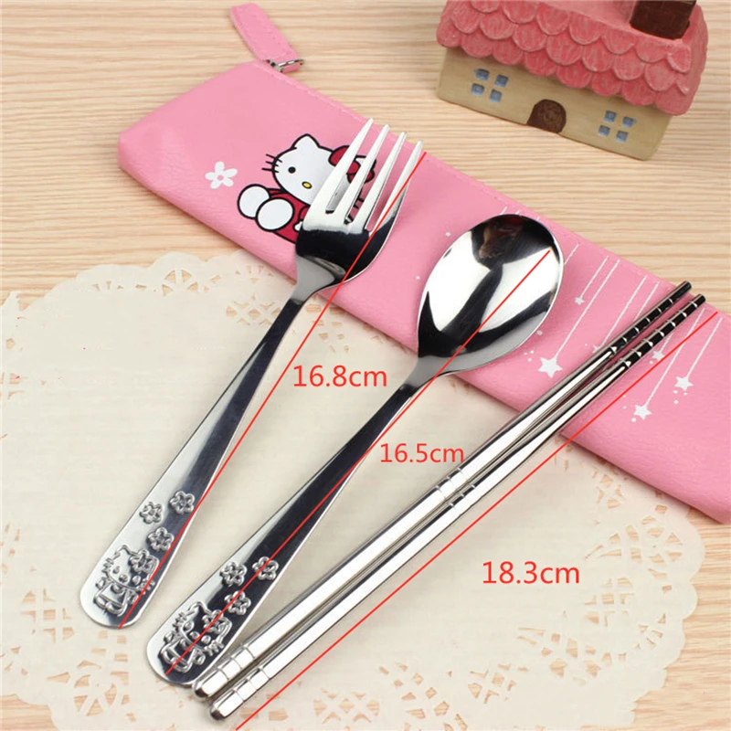 3PCS/Set Kawaii Cute Cat Stainless Steel Dinnerware Kitchen Supplies Chopsticks Utensil Flatware Spoon Fork For Kids Children