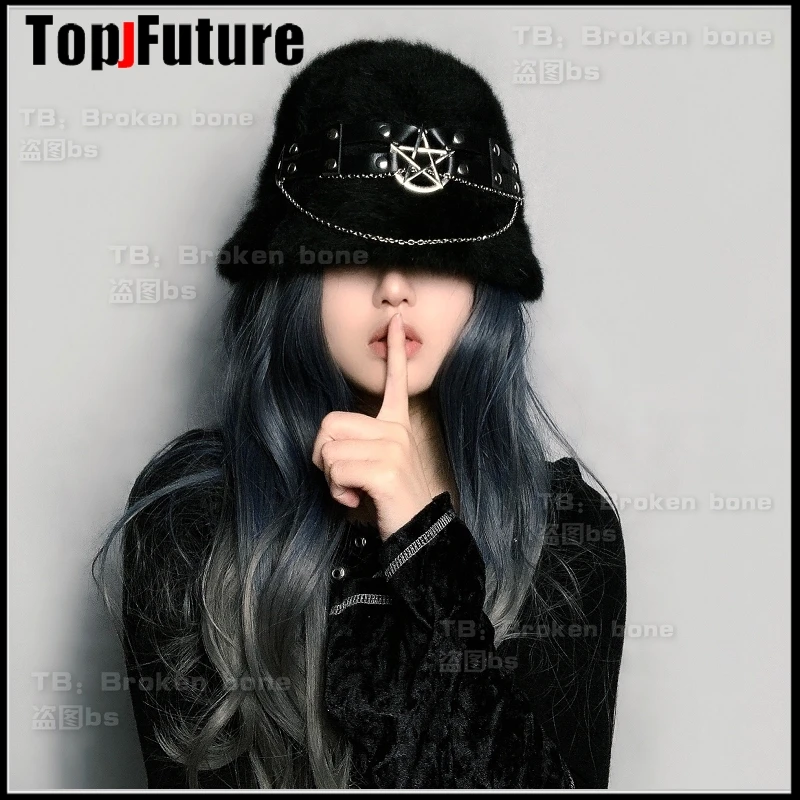 Harajuku Gothic Punk Pentagram โลหะโซ่ Plush สีดำ Fisherman หมวกผู้หญิงฤดูหนาว Warm หมวก Hip Hop Chic Streetwear