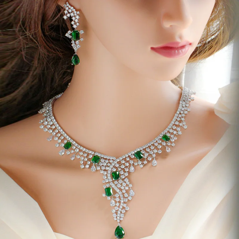 Pera Luxury Green Square Crystal Big Long Statement Water Drop Earrings Necklace Bridal Wedding Prom Jewelry Set for Women J338