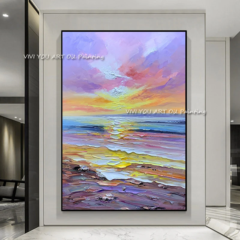 100% Hand painted colorful ocean oil painting large romantic pink knife canvas handmade modern artist home decoration wall art