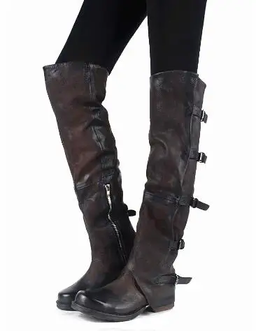 Coffee Black Woman Retro Flat Sheep Skin 100% Real Leather Knee High Long Boots Buckles Round Toe Knight Boots