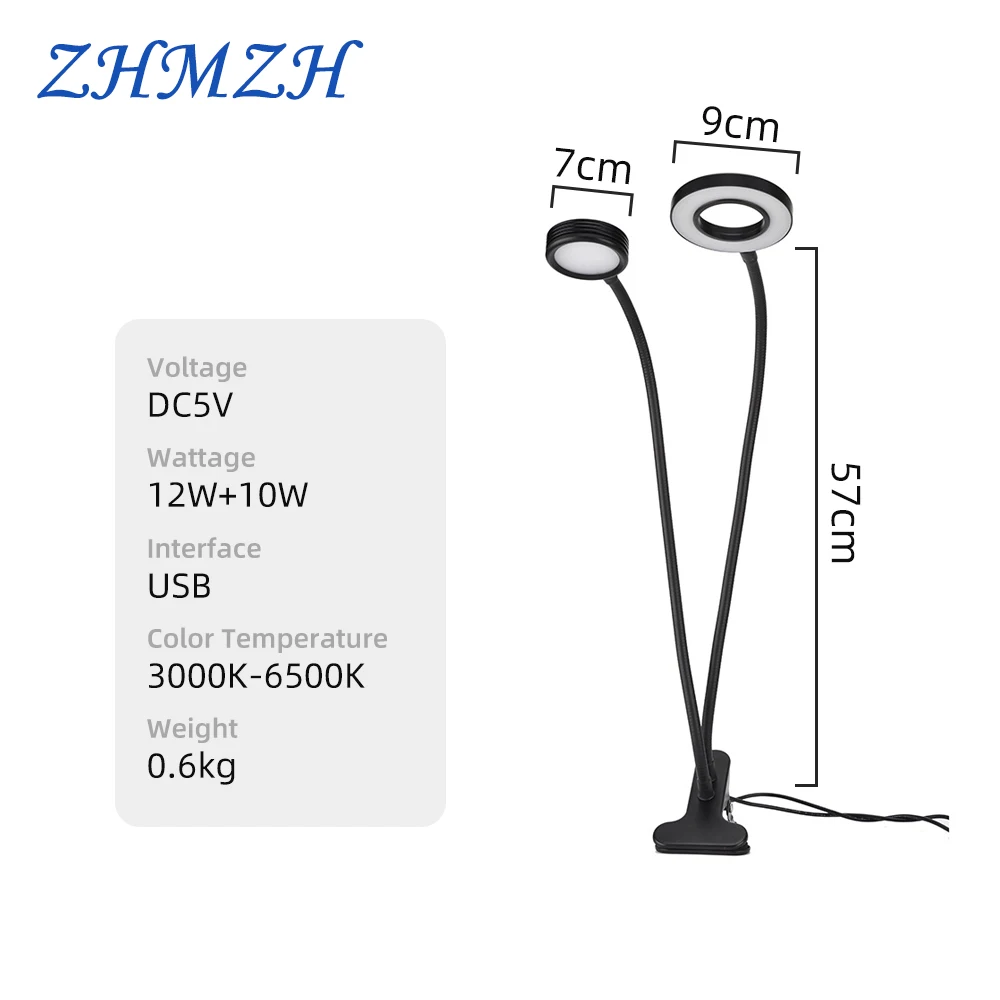 DC5V USB LED Selfie Ring Lamp 10W 12W LED Flexible Double Heads LED Desk Lamps 3000K 6500K LED Reading Light with Clip Work Lamp