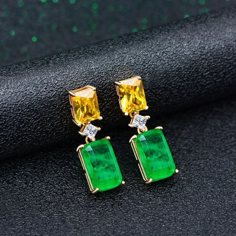 S925 Sterling Silver Luxury Green Diamond Dangle Earring For Women Wedding Engagement Female Yellow Earrings Jewelry Ladies