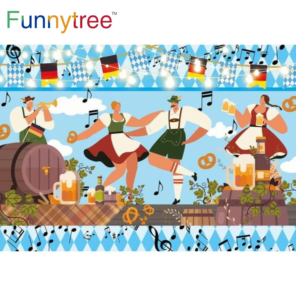 Funnytree Germany Beer Oktoberfest Banner Backdrop Carnival Music Dance Birthday Party Pretzel Wooden Barrel Photo Background