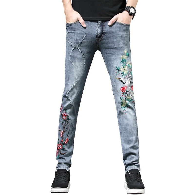 Crane Mens Bird Floral Embroidery Stretch Jeans High Quality Man Casual Skinny Denim Trousers Flower Ripped Hole Pants