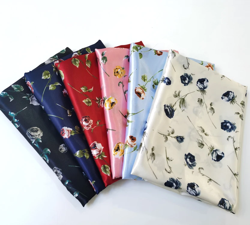 1 meter X 1.48 meter Retro Rose Satin Fabric Print Silky Charmeuse material For Scarf,Gown,Lining,Sewing,Diy