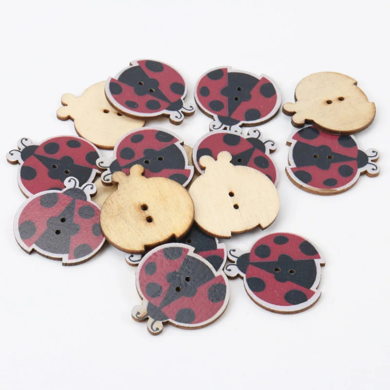 Cartoon Cute Ladybug Wooden Buttons Botones Handmade Accessories Decoration Sewing Scrapbooking Crafts DIY 27mm 20pcs