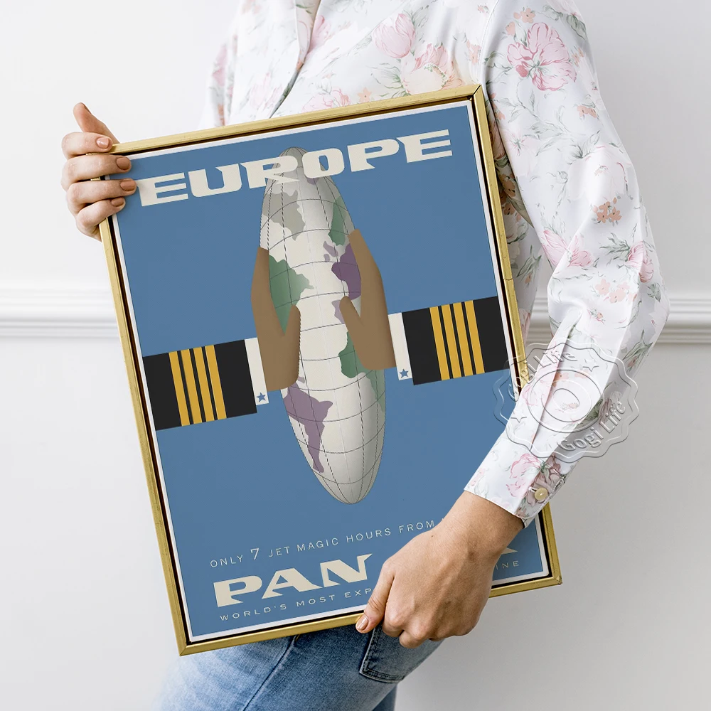 Funny Visit Europe Publicity Vintage Poster, Pan Am Travel Art Prints Advertising Canvas Painting, Cartoon Portrait Wall Decor