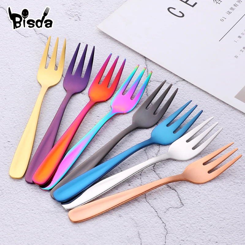 1Pc Fruit Fork  stainless Steel Small Forks For Dessert Rainbow Small Tea Fork Gold Mini Forks for Cake Colorful Dinnerware