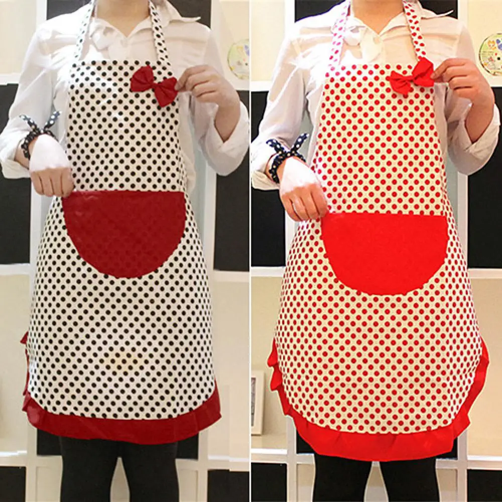 Women Apron With Pocket Cute BowKnot Dot Aprons Canvas Fashionable Practical Kitchen Restaurant Cafe Bib Cooking