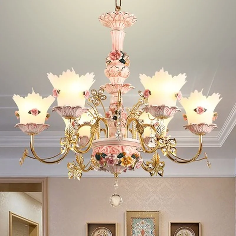 

French luxury crystal chandelier living room bedroom Princess Room children's room European pink flower ceramic Chandelier