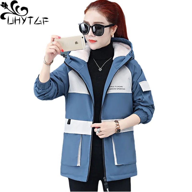 

UHYTGF Hooded Winter Jacket Womens Tops Fleece Thicken Casual Warm Cotton Coat Parker Female Zipper Slim Large Size Outwear 1211