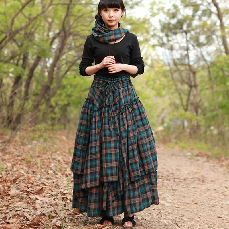 Women\'s Asymmetrical  Casual, 100% Cotton Plaid Grid Pleated Asymmetrical Female Plus Size6XL 7XL 8XL XXXXL Maxi Long Skirts