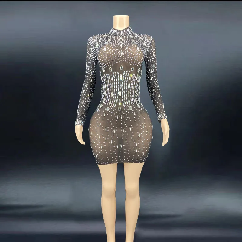 

Black See Through Mesh Silver Crystals Dress Women Birthday Celebrate Transparent Long Sleeve Prom Sexy Stones Costume