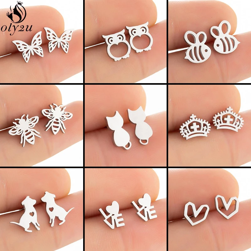 Cartoon Animal Earings Fashion Jewelry for Women Girls Punk Black Butterfly Crown Owl Bee Stainless Steel Stud Earring Orecchini