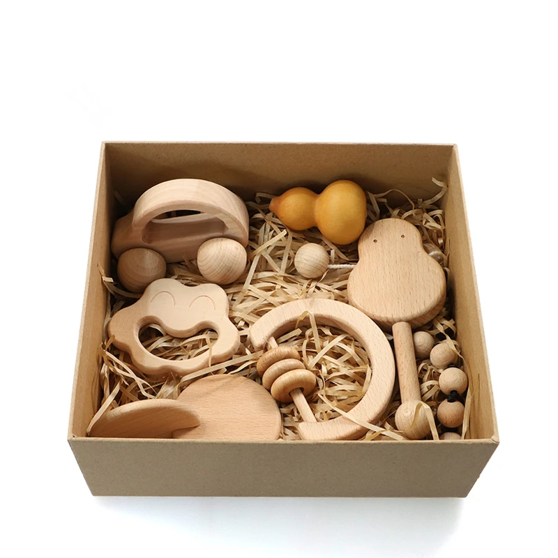 

New Born Baby Gift Box Montessori Nido Toys Wooden Rattle Grasping Objects Sound Game Fingers Motor Skill Trainning Resources