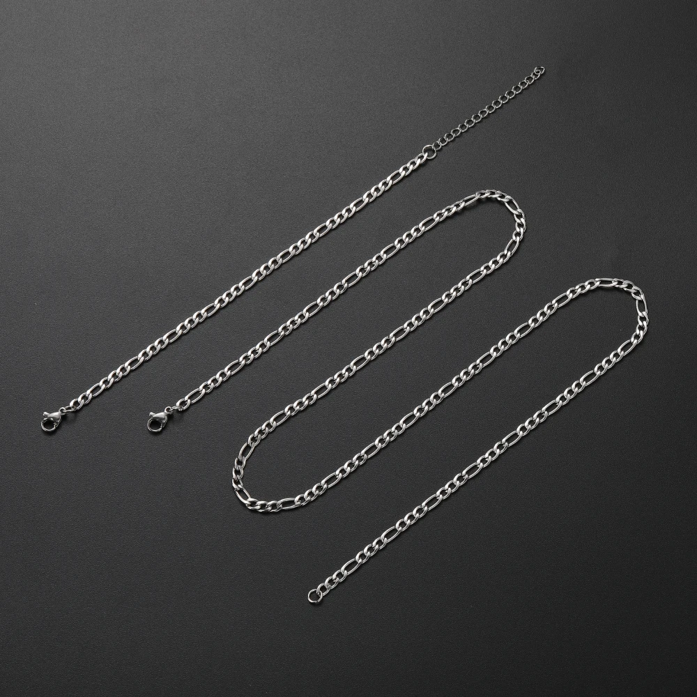 Low price Width 4MM stainless steel Figaro chain necklace bracelet fashion jewelry set For men and women Party gifts Drop ship