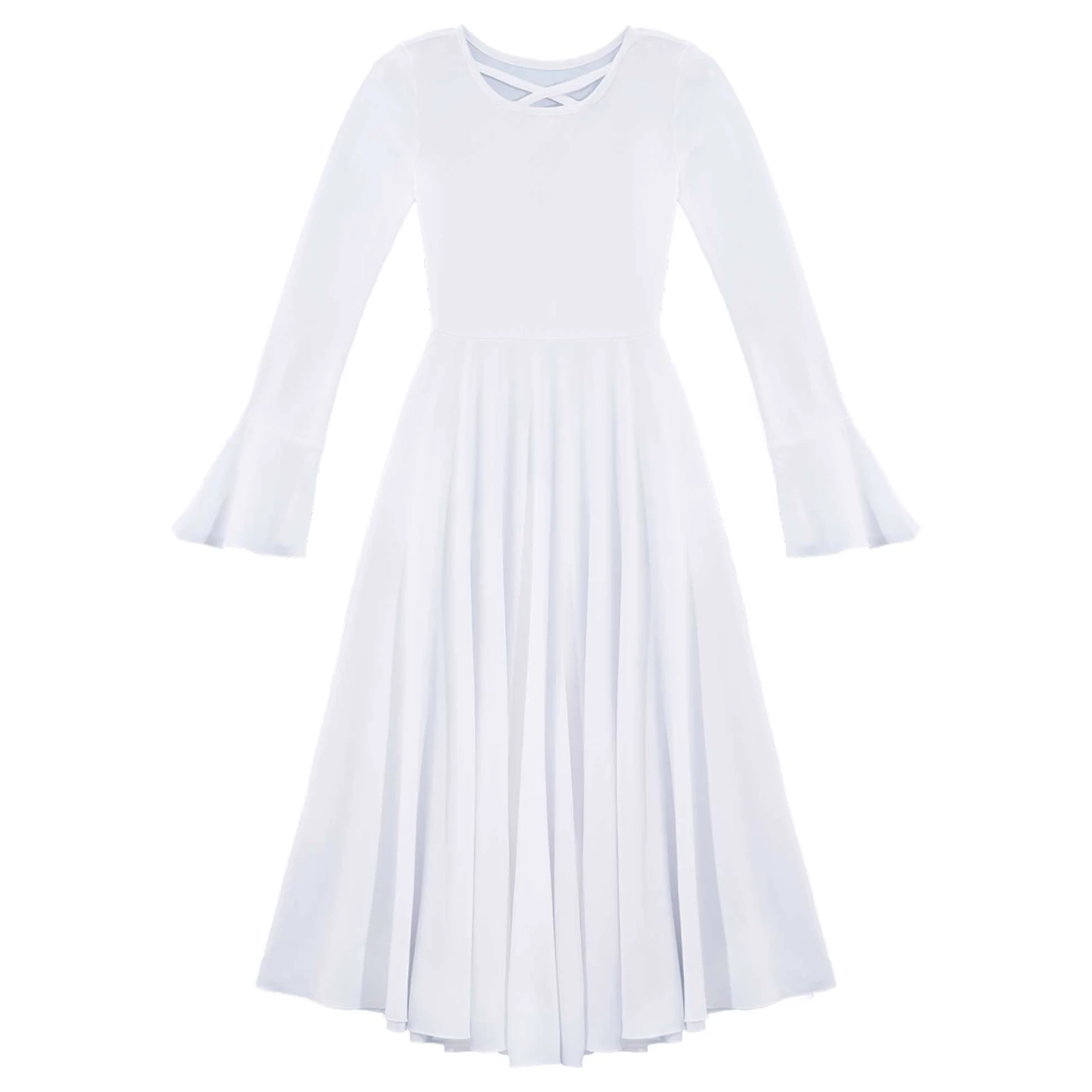 Kids Meisjes Lof Lange Jurk Witte Losse Lange Uitlopende Mouwen Liturgical Dans Jurk Lyrical Kerk Christian Aanbidding Dancewear