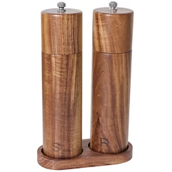 Wooden Salt and Pepper Grinder Set Refillable and Matching Wood Tray - Tall 8 Inch Acacia Wood Salt and Pepper Shakers