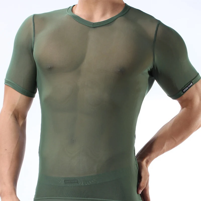 Camiseta interior transparente ultrafina para hombre, camisetas de manga corta de seda de hielo, camisetas transpirables para Gay, ropa de dormir Sexy