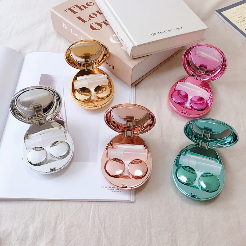 Ultra-thin mirror pebble contact lens case INS INS women's cosmetic contact box Travel elegant contact lens storage box