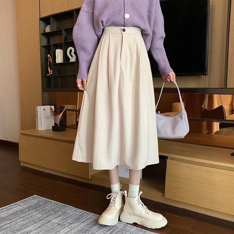 New Vintage Corduroy Pleated Skirt Women Thick Autumn Winter Skirt Korean Fashion High Waist Velvet Mid Long A-Line Skirt Female