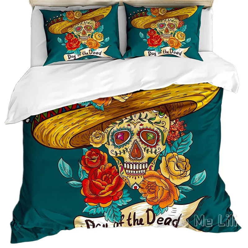 

Day Of The Dead By Ho Me Lili Duvet Cover Set Mexican Hat Skull With Roses Art Print Decor Bedding