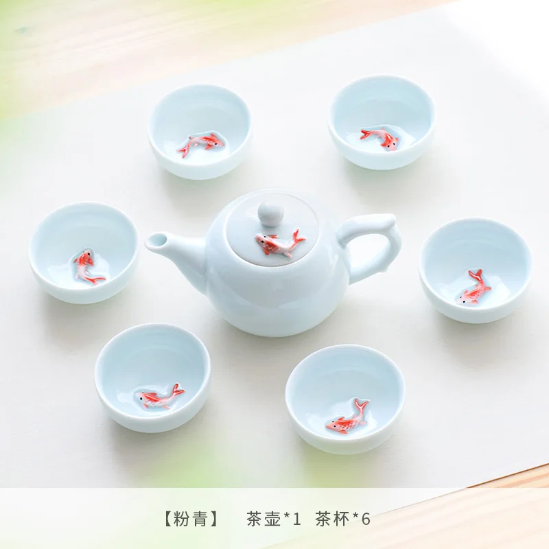 6pcs Kung Fu Tea Cup Set Celadon 3D Golden Fish China tea cups,Crackle Glaze Travel Tea Bowl Chinese Porcelain Teacup Set