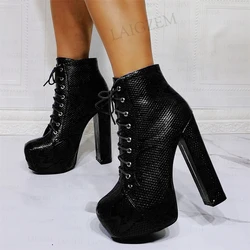 LAIGZEM FASHION Women Ankle Boots Platform Lace Up Chunky High Heels Booties Unisex Ladies Shoes Woman Big Size 41 44 47 50 52