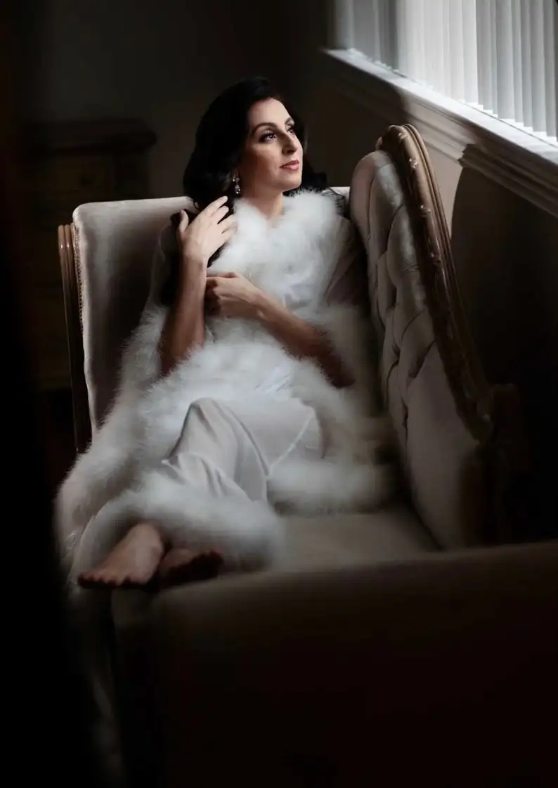 White Warm Fur Wedding Pajama Set Women Winter Sleepwear Long Sleeve Robe Prom Evening Nightgowns 2 Pieces