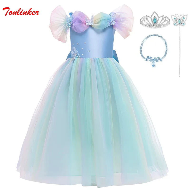 Girls Dress Princess Costume Children Blue Dressing Up Fancy Party Dress Kids Birthday Carnival Rainbow Mesh Long Dresses