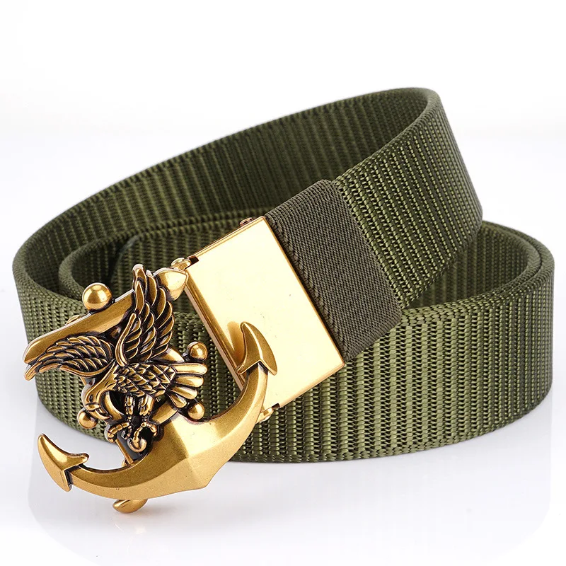 BOKADIAO Man's Nylon Belt Luxury Gold Eagle Metal Automatic Buckle Canvas Belts for Men Fashion Jeans Waistband Black Male Strap