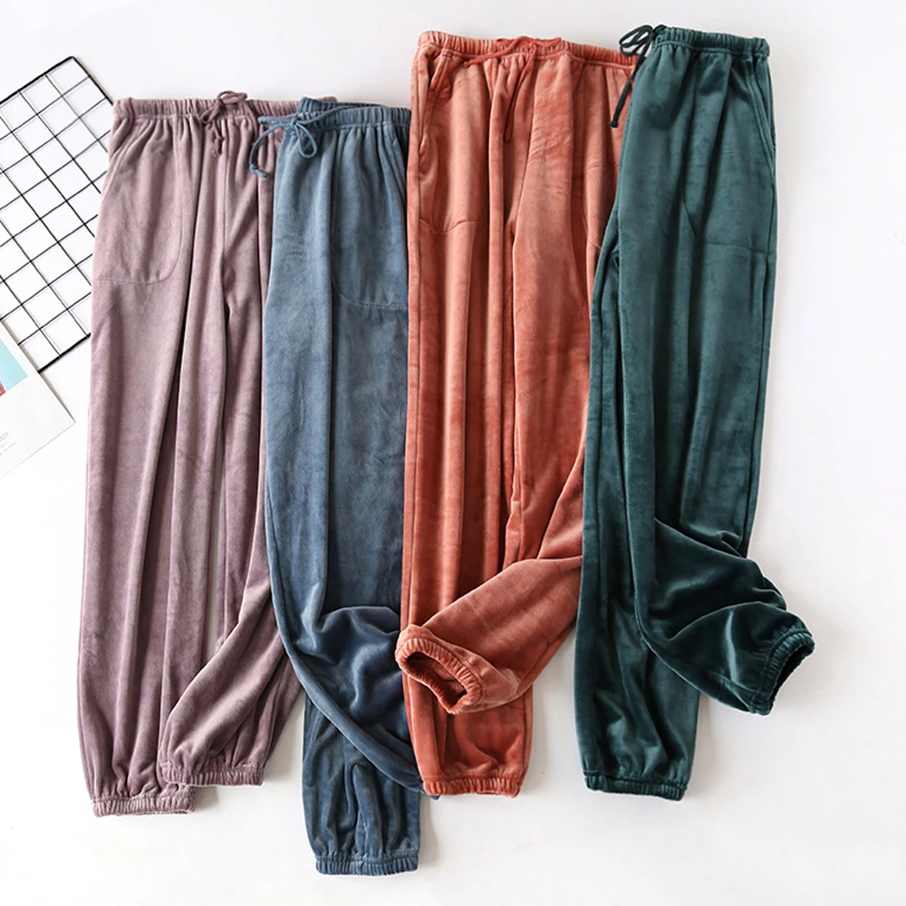 Pantalones de pijama de felpa para hombre y mujer, ropa de casa con cintura elástica suave, color liso, para otoño e invierno, 2020