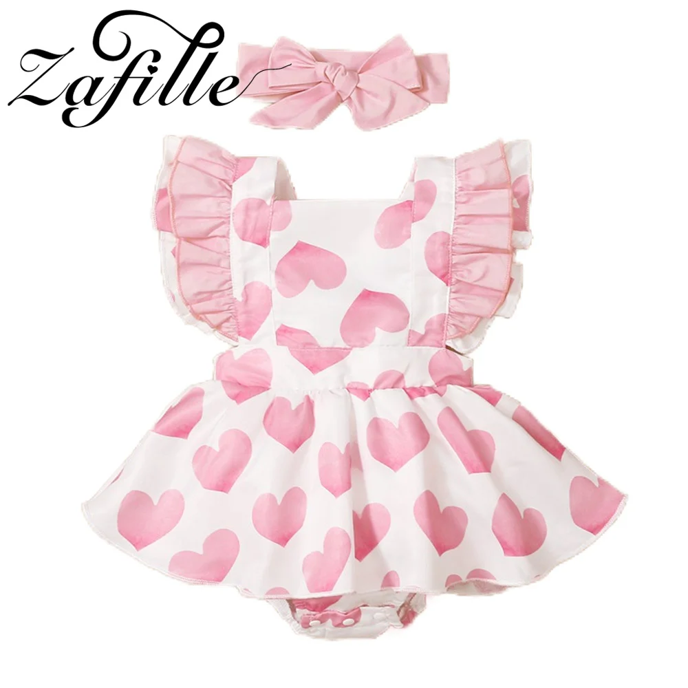 ZAFILLE Baby Girls Bodysuit Dress Valentine's Day Costume For Kids Toddler Girls Rompers Heart Printed Newborn Infant Outfits