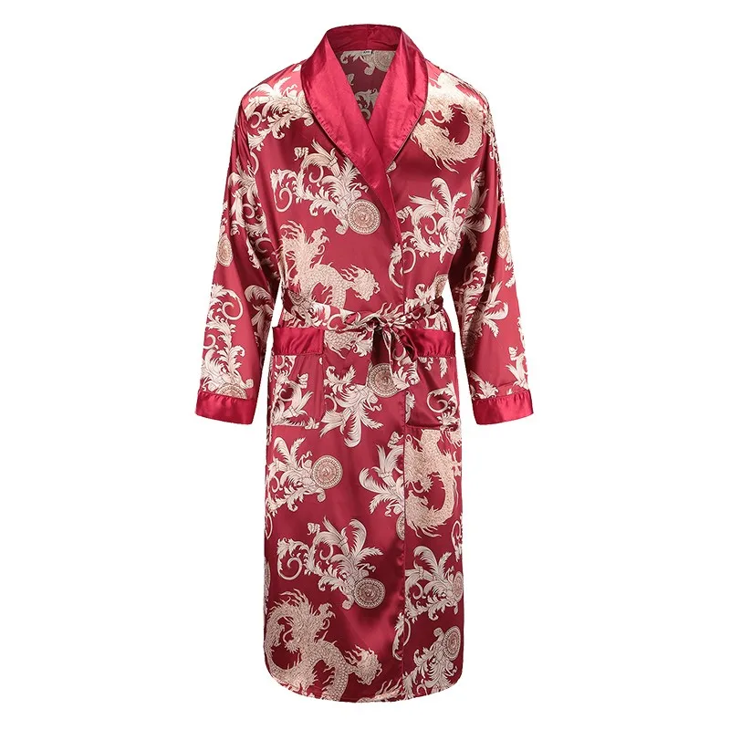 Men Robe Nightgown Long Sleeves Kimono Bathrobe Gown Silky Satin  Dragon Print Pajamas Sleepwear Nightwear Gown Casual Home