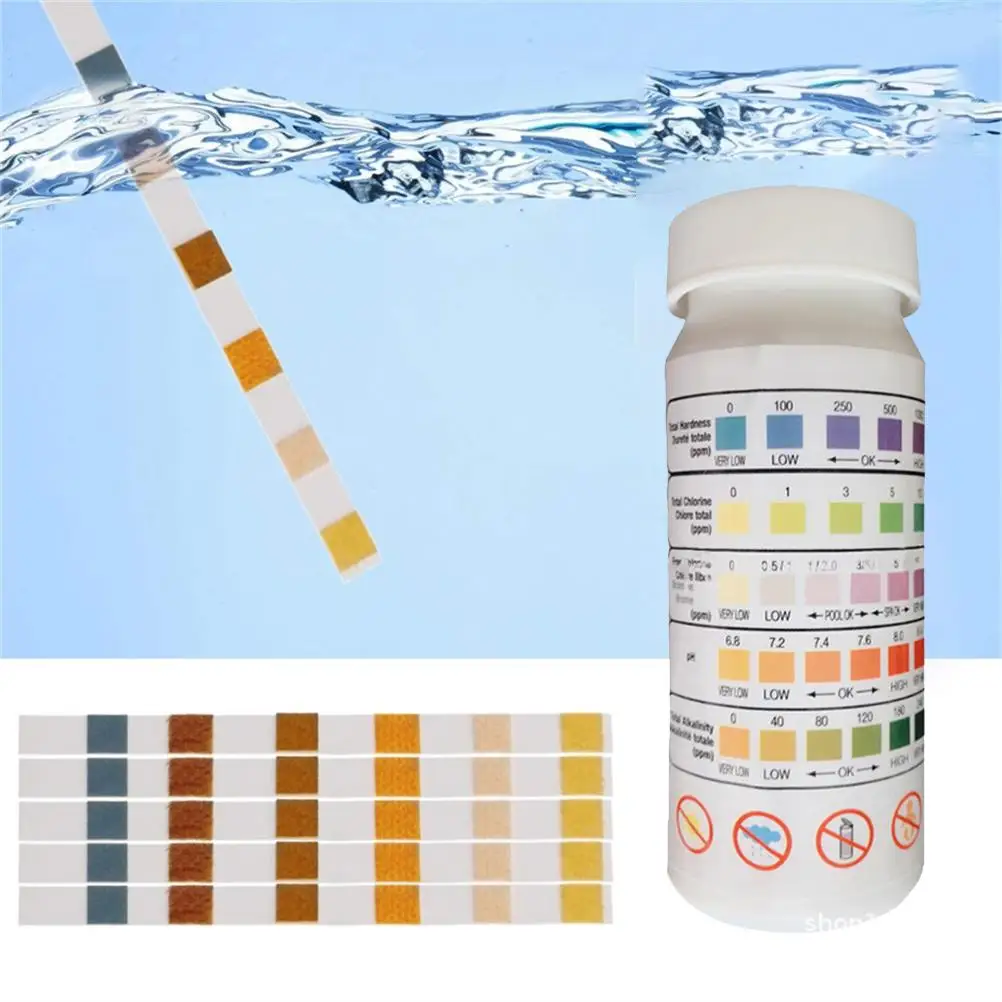 

50PCS Swimming Pool 5-in-1 Water Test Strip Multifunctional Testing Strips for Residual Chlorine PH Hardness & Total Alkalinit