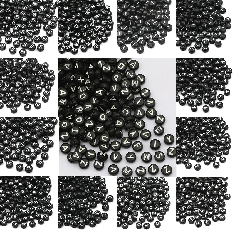 Black 7mm Pick 26 English Letter Acrylic Beads Flat Round Alpahbet Loose Beads For Jewelry Making DIY Earrings Bracelet Supplies