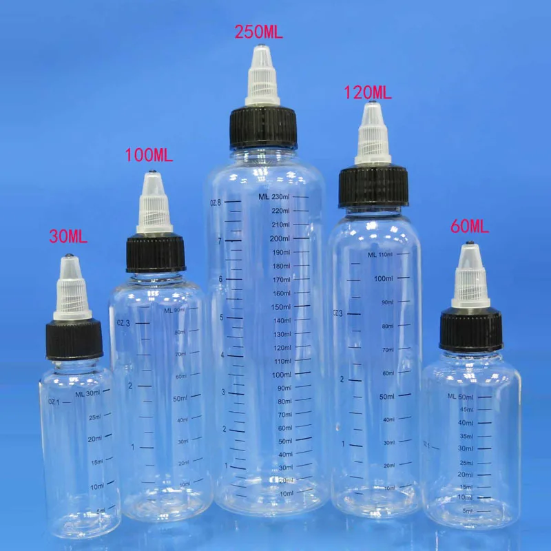 50pcs 30ml/60ml/100ml/120ml/250ml Plastic PET e-juice  Twist Top Cap Dropper Bottles w/ Capacity for E-Liquid Tattoo Pigment Ink