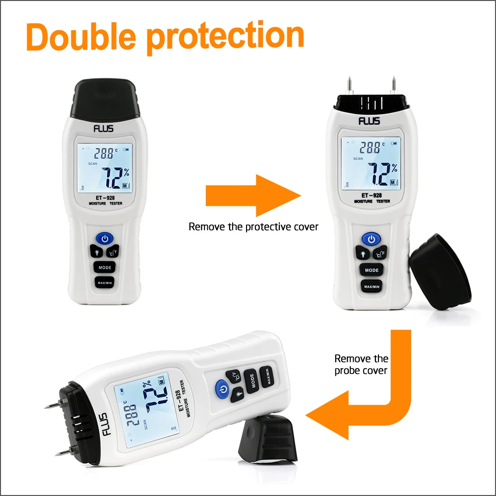 FLUS Portable Digital Wood Water Moisture Meter Thermometer Tester Tools Timber Hygrometer 0~99.9% Wood Moisture Meter