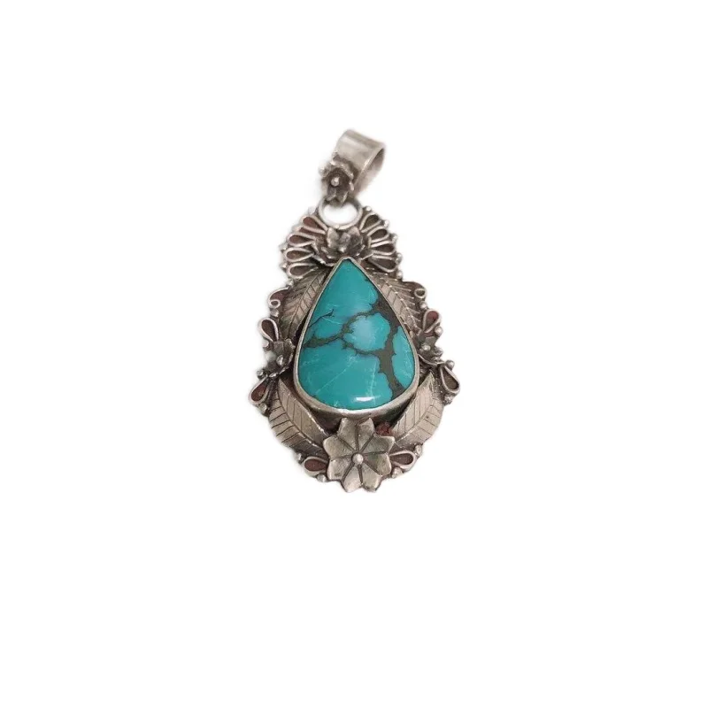 SL055 Beautiful Tibetan 925 Sterling Silver Natural Turquoise Stone Pendant Necklace Handmade Nepal Jewelry Free Shipping